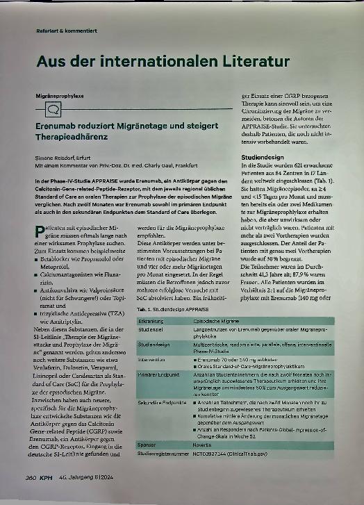 Vorschauseite 1: Erenumab reduziert Migränetage und steigert Therapieadhärenz.