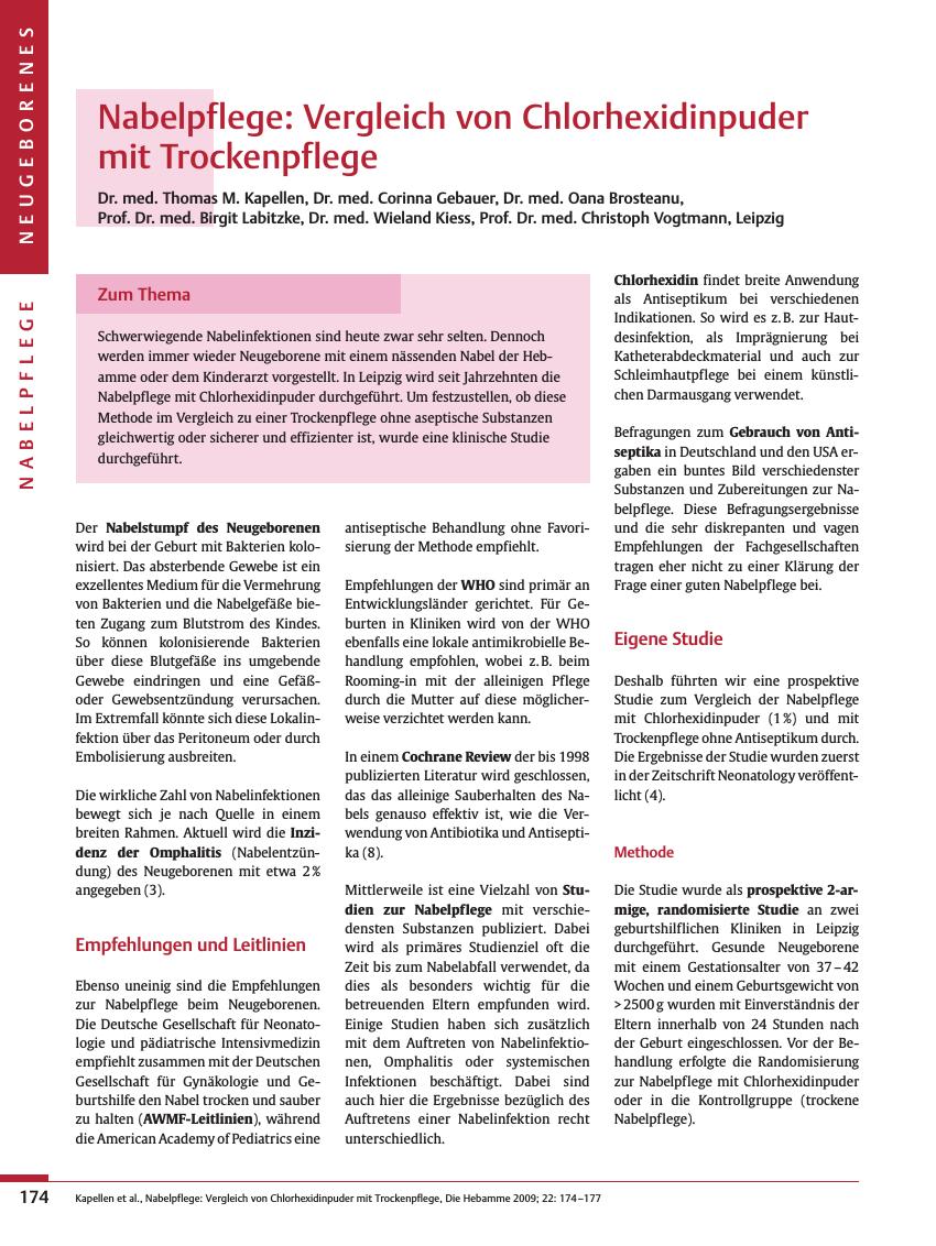 Vorschauseite 1: Nabelpflege: Vergleich von Chlorhexidinpuder mit Trockenpflege