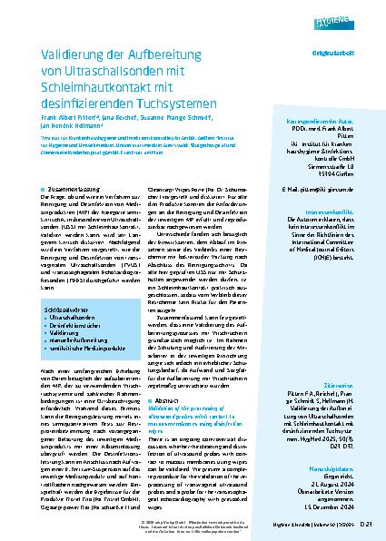 Vorschauseite 1: Validierung der Aufbereitung von Ultraschallsonden mit Schleimhautkontakt mit desinfizierenden Tuchsystemen