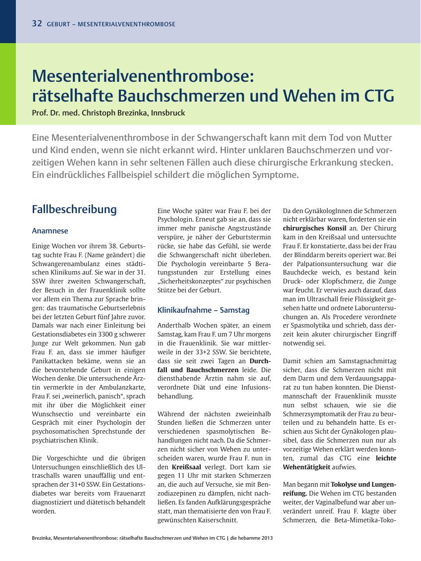 Vorschauseite 1: Mesenterialvenenthrombose: rätselhafte Bauchschmerzen und Wehen im CTG