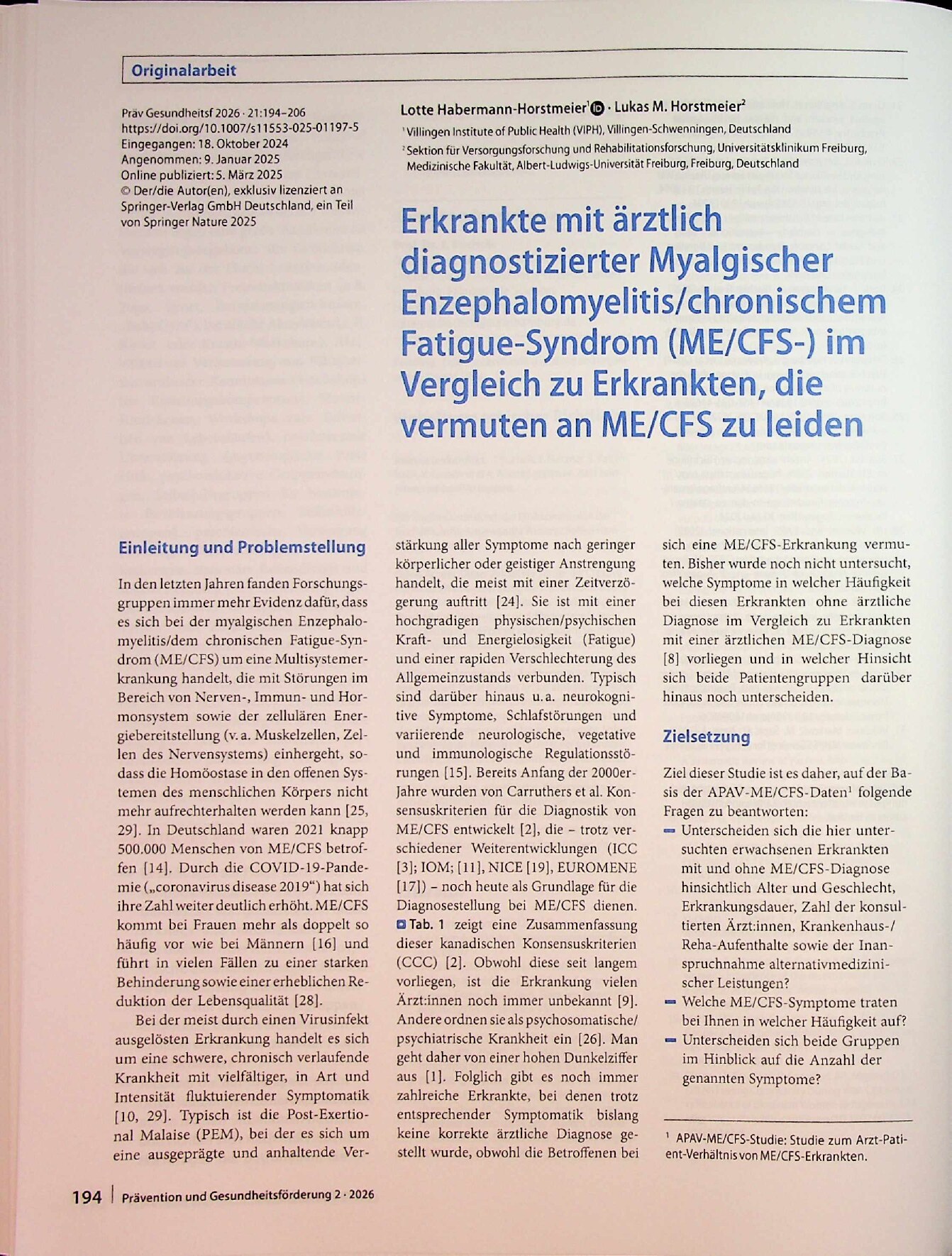 Vorschauseite 1: Erkrankte mit ärztlich diagnostizierter Myalgischer Enzephalomyelitis/chronischem Fatigue-Syndrom (ME/CFS) im Vergleich zu Erkrankten, die vermuten, an ME/CFS zu leiden