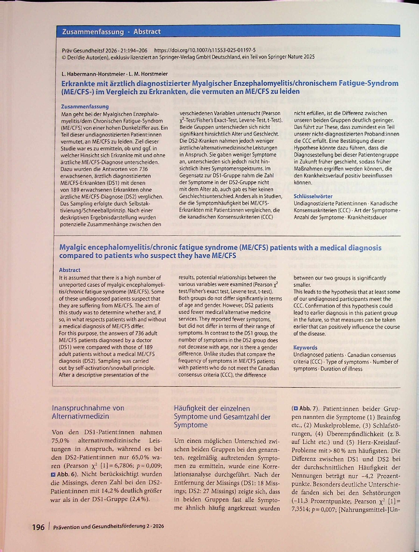 Vorschauseite 3: Erkrankte mit ärztlich diagnostizierter Myalgischer Enzephalomyelitis/chronischem Fatigue-Syndrom (ME/CFS) im Vergleich zu Erkrankten, die vermuten, an ME/CFS zu leiden