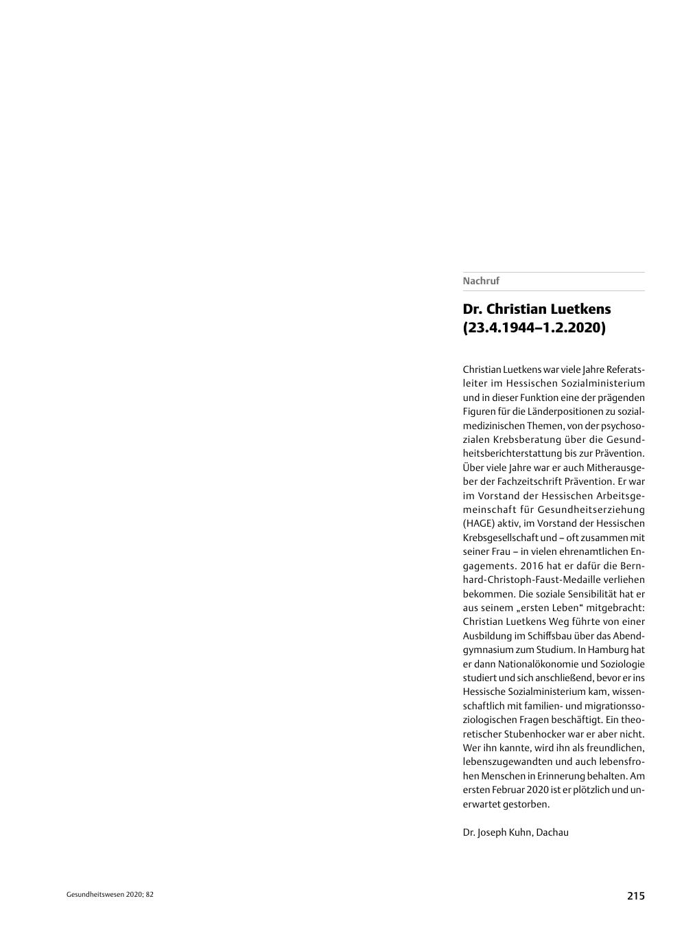 Vorschauseite 1: Dr. Christian Lütkens (23.4.1944–1.2.2020)
