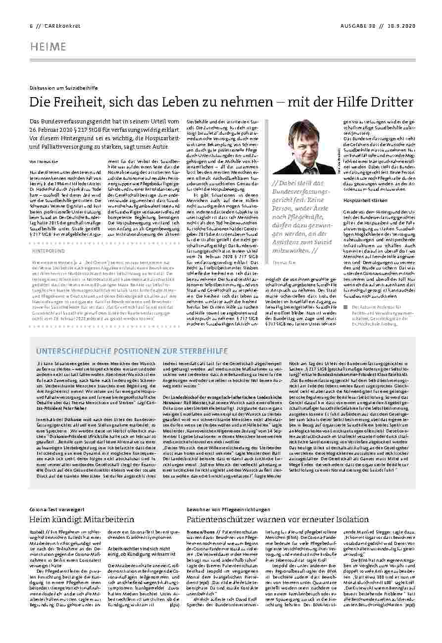Vorschauseite 1: Die Freiheit, sich das Leben zu nehmen – mit der Hilfe Dritter.