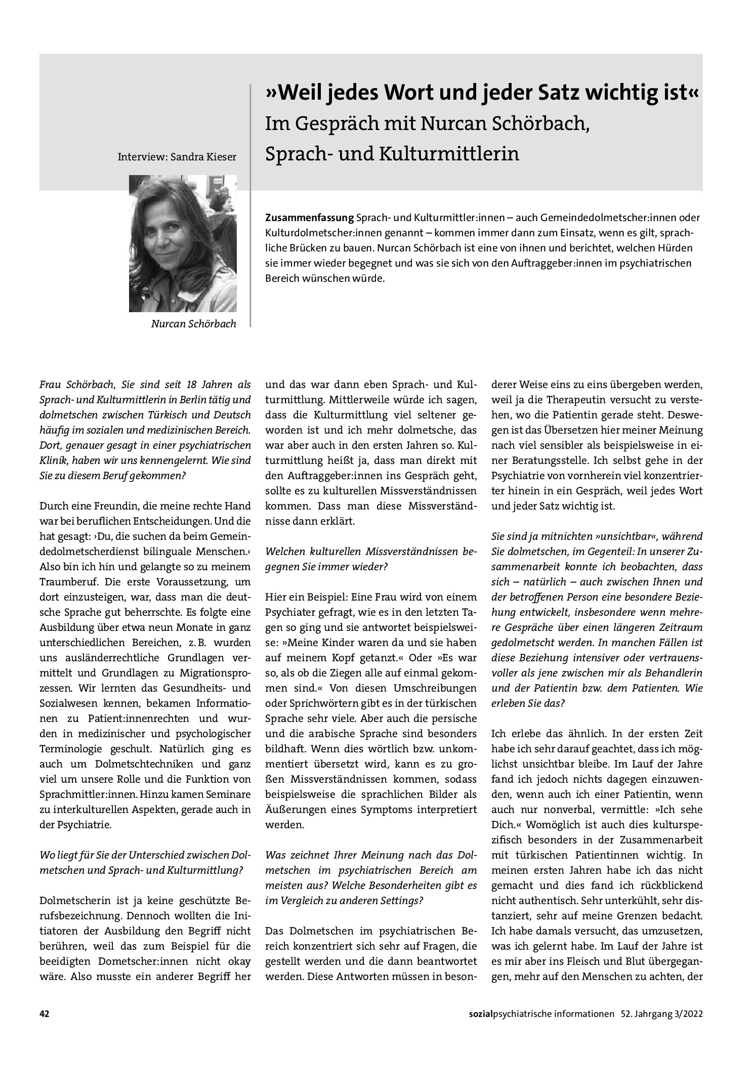 Vorschauseite 1: „Weil jedes Wort und jeder Satz wichtig ist“ – Im Gespräch mit Nurcan Schörbach, Interview: Sandra Kieser, Sprach- und Kulturmittlerin
