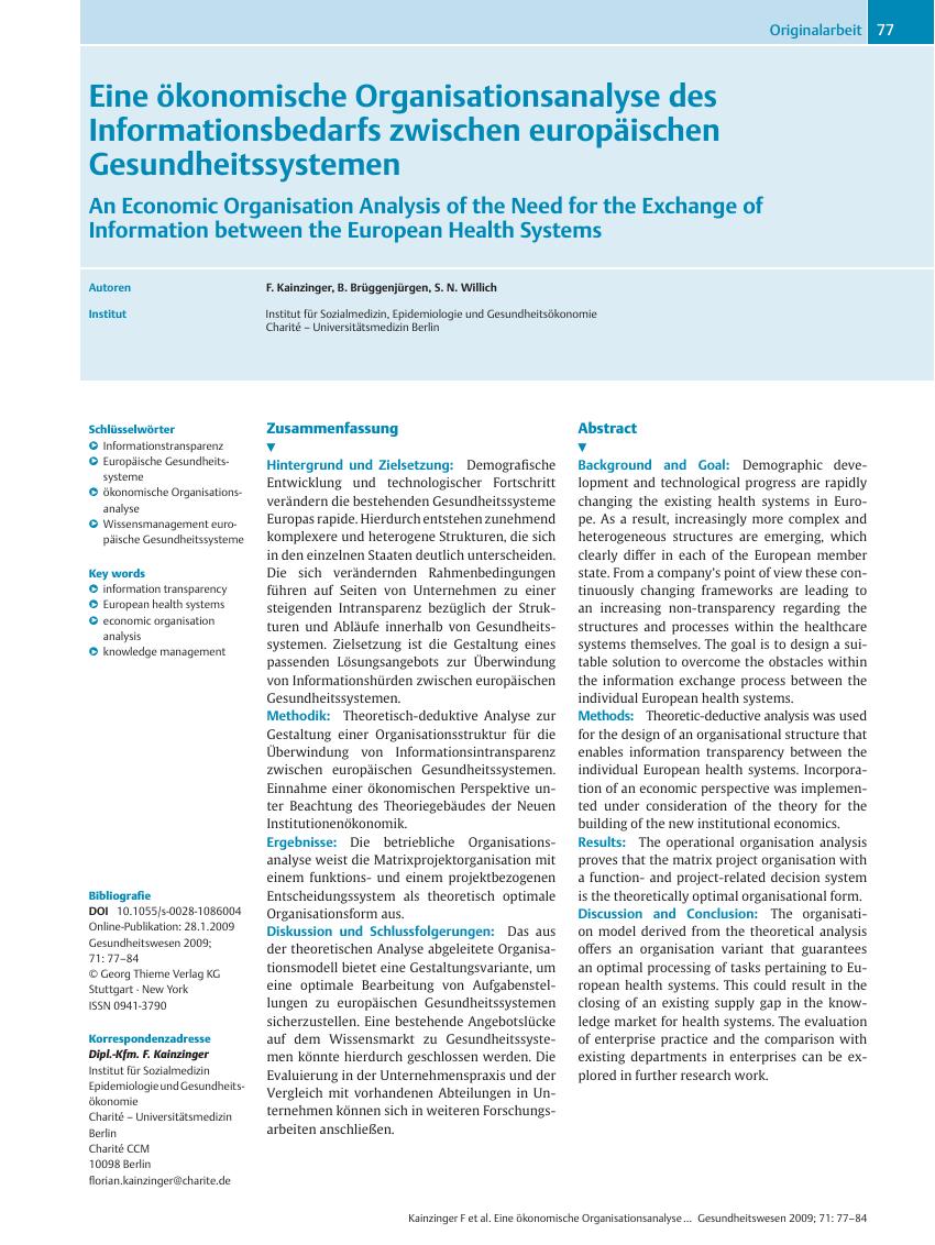 Vorschauseite 1: Eine ökonomische Organisationsanalyse des Informationsbedarfs zwischen europäischen Gesundheitssystemen