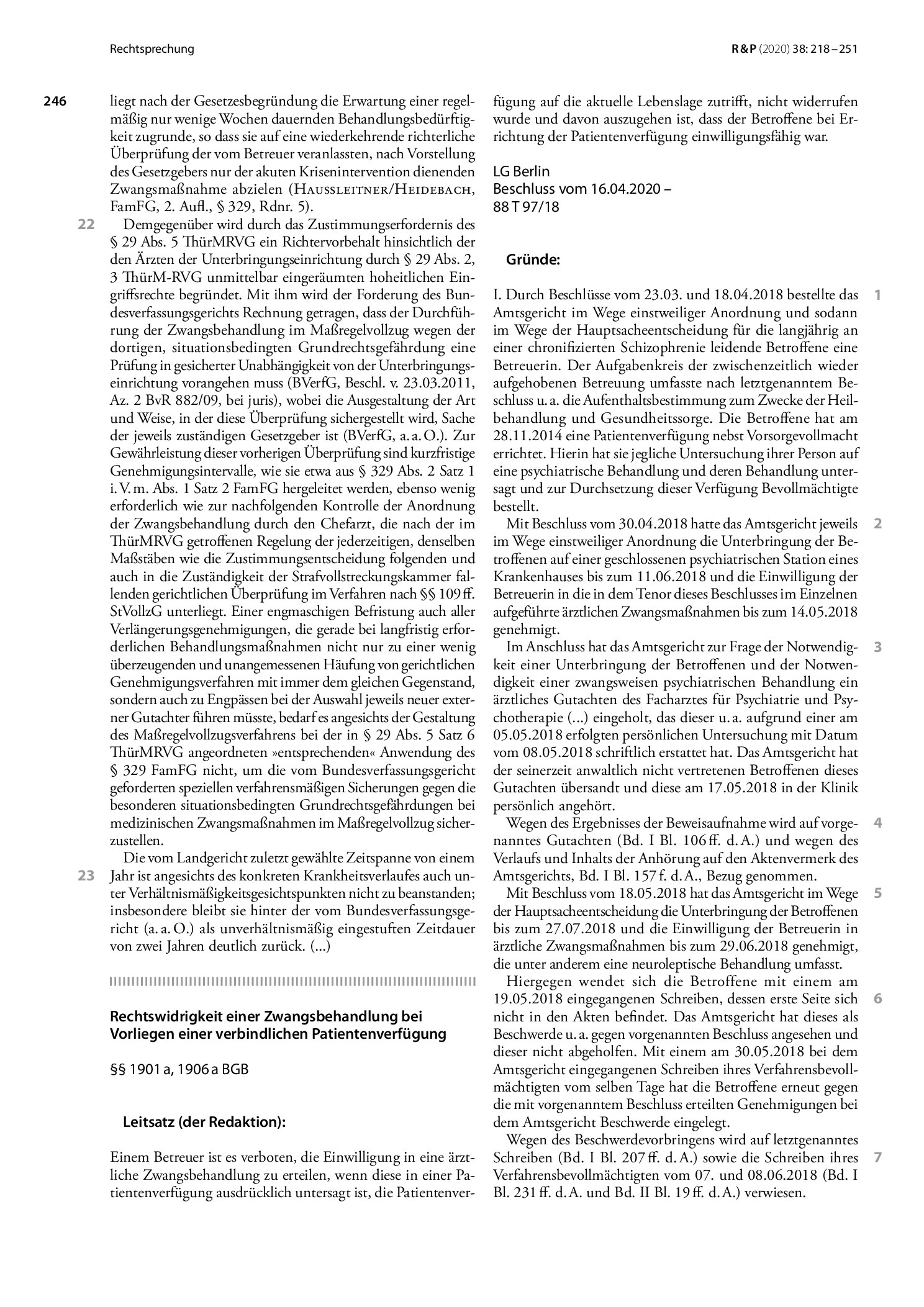 Vorschauseite 1: Rechtswidrigkeit einer Zwangsbehandlung bei Vorliegen einer verbindlichen Patientenverfügung