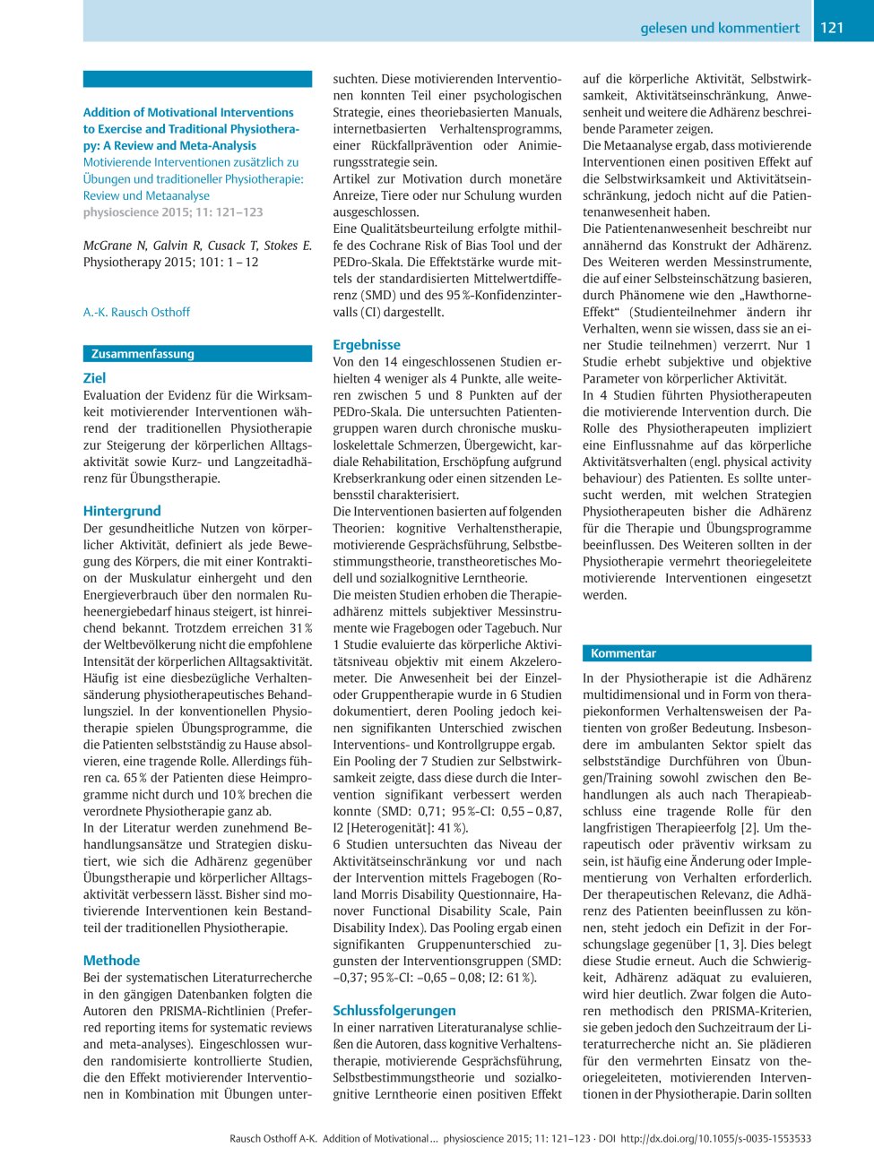 Vorschauseite 1: Addition of Motivational Interventions to Exercise and Traditional Physiotherapy: A Review and Meta-Analysis