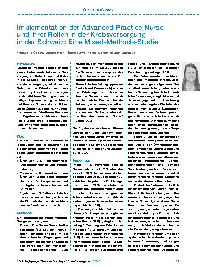 Vorschauseite 1: Implementation der Advanced Practice Nurse und ihrer Rollen in der Krebsversorgung in der Schweiz: Eine Mixed-Methods-Studie