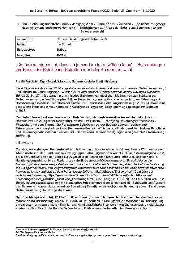 Vorschauseite 1: „Die haben mir gesagt, dass ich jemand anderen wählen kann“ – Betrachtungen zur Praxis der Beteiligung Betroffener bei der Betreuerauswahl
