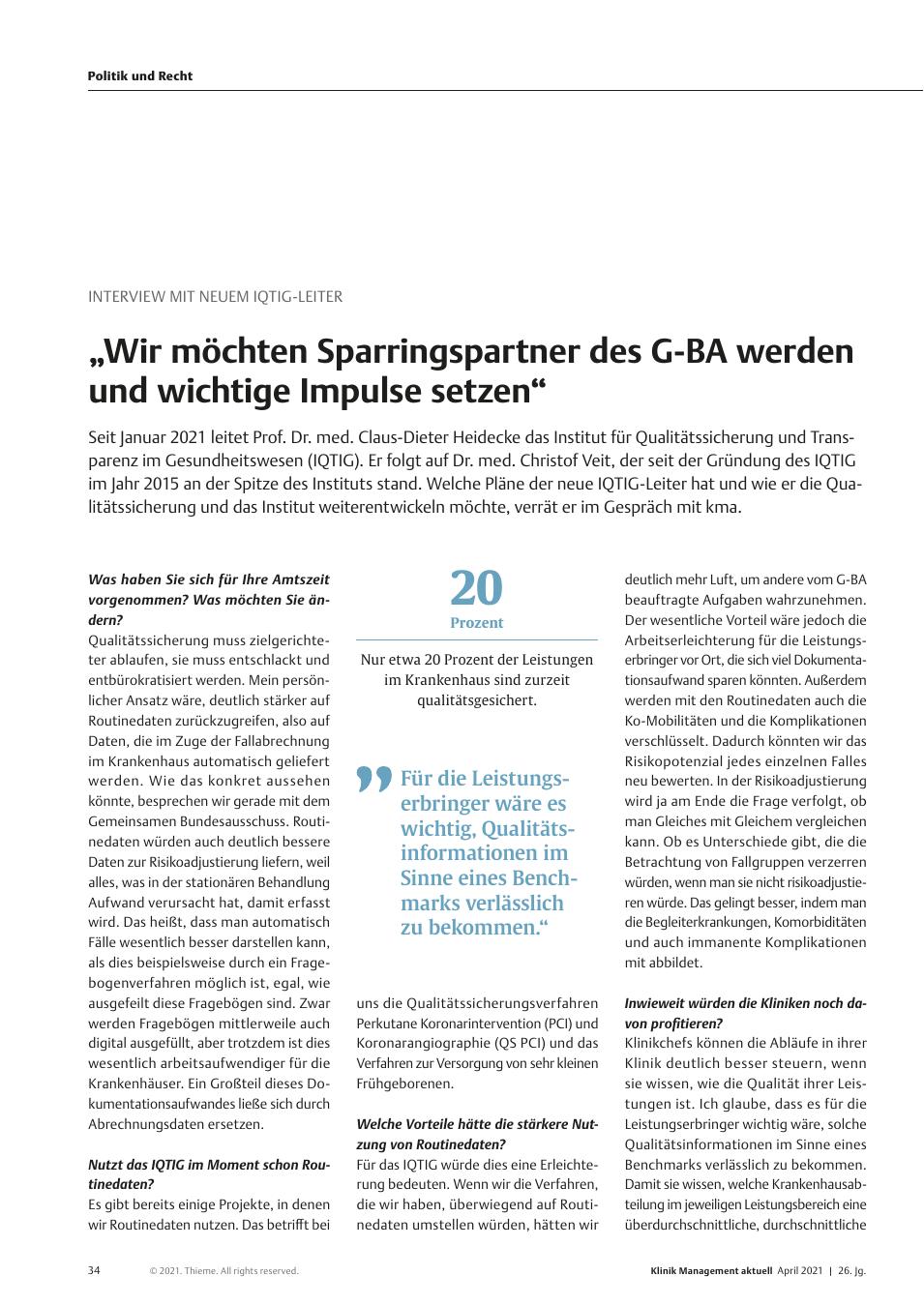 Vorschauseite 1: Interview Mit Neuem IQTIG-Leiter: "Wir möchten Sparringspartner des G-BA werden und wichtige Impulse setzen"