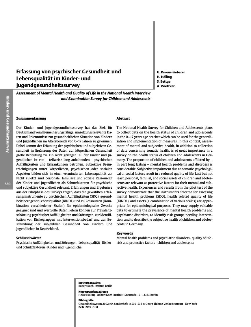 Vorschauseite 1: Erfassung von psychischer Gesundheit und Lebensqualität im Kinderund Jugendgesundheitssurvey