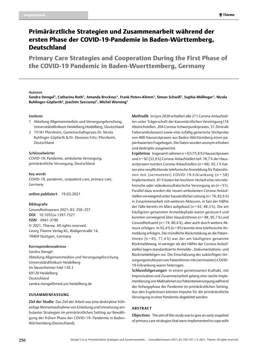 Vorschauseite 1: Primärärztliche Strategien und Zusammenarbeit während der ersten Phase der COVID-19-Pandemie in Baden-Württemberg, Deutschland