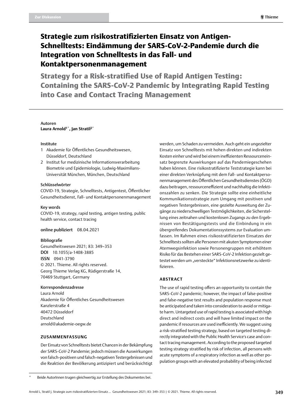 Vorschauseite 1: Strategie zum risikostratifizierten Einsatz von Antigen-Schnelltests: Eindämmung der SARS-CoV-2-Pandemie durch die Integration von Schnelltests in das Fallund Kontaktpersonenmanag…