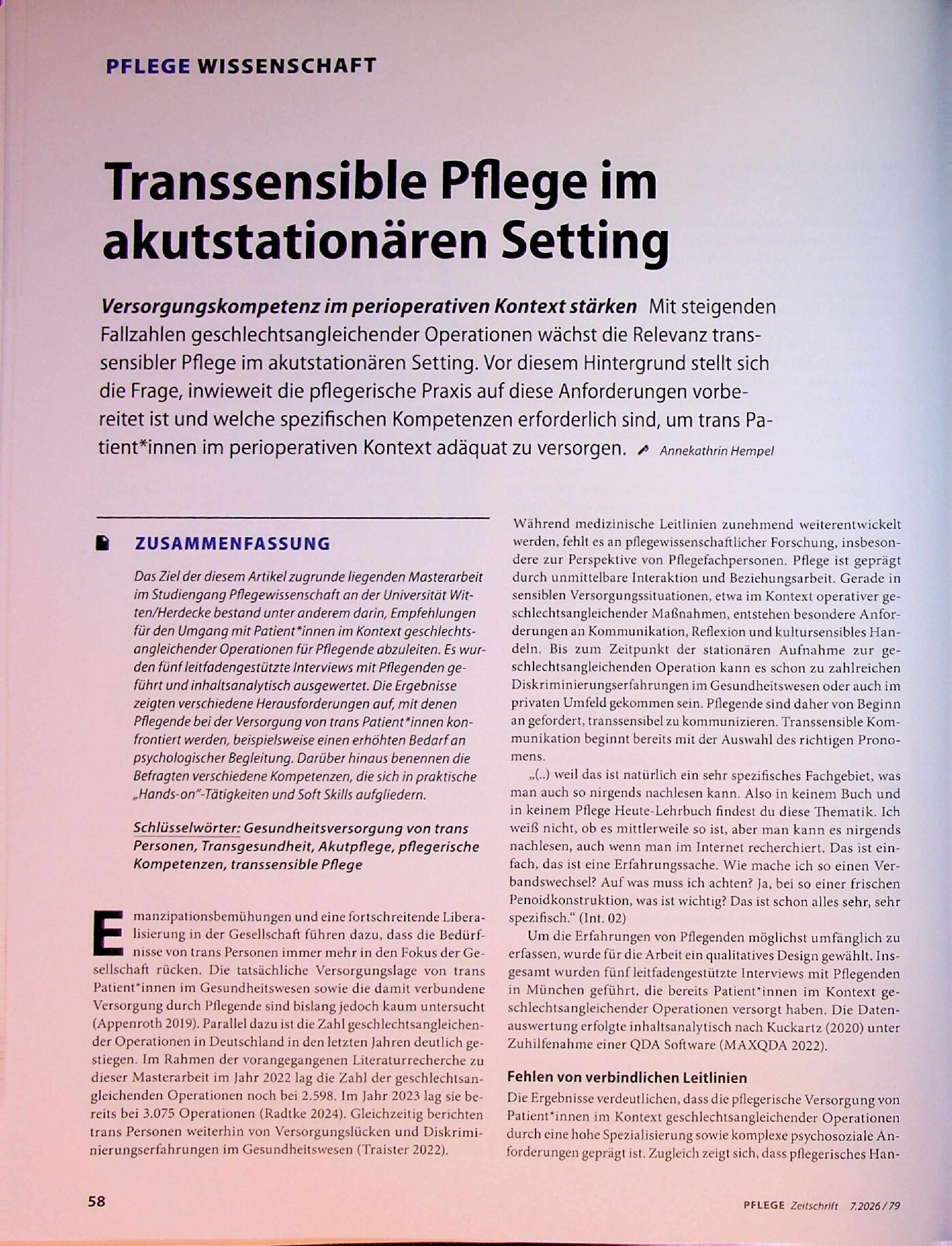 Vorschauseite 1: Transsensible Pflege im akutstationären Setting
