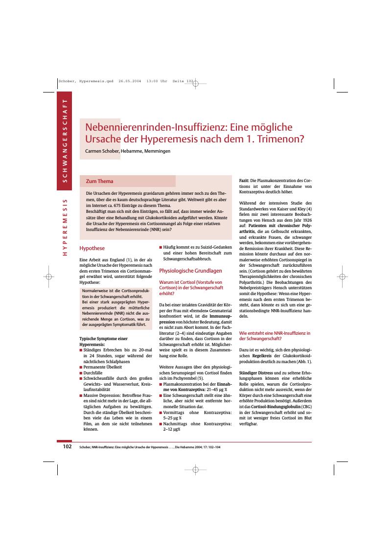 Vorschauseite 1: Nebennierenrinden-Insuffizienz: Eine mögliche Ursache der Hyperemesis nach dem 1. Trimenon?