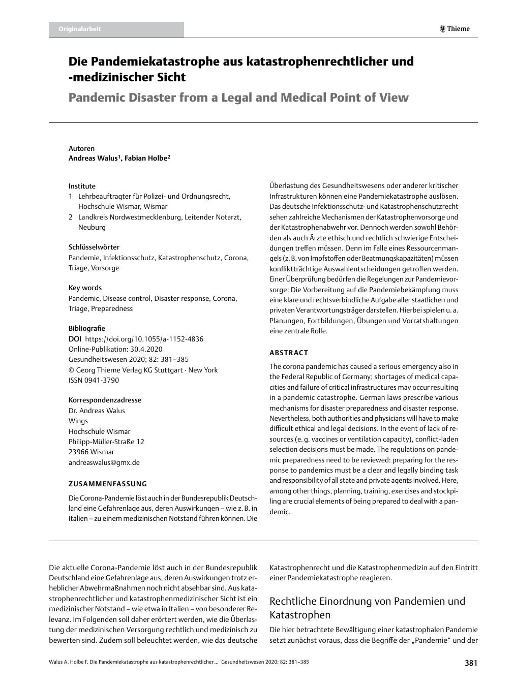 Vorschauseite 1: Die Pandemiekatastrophe aus katastrophenrechtlicher und -medizinischer Sicht