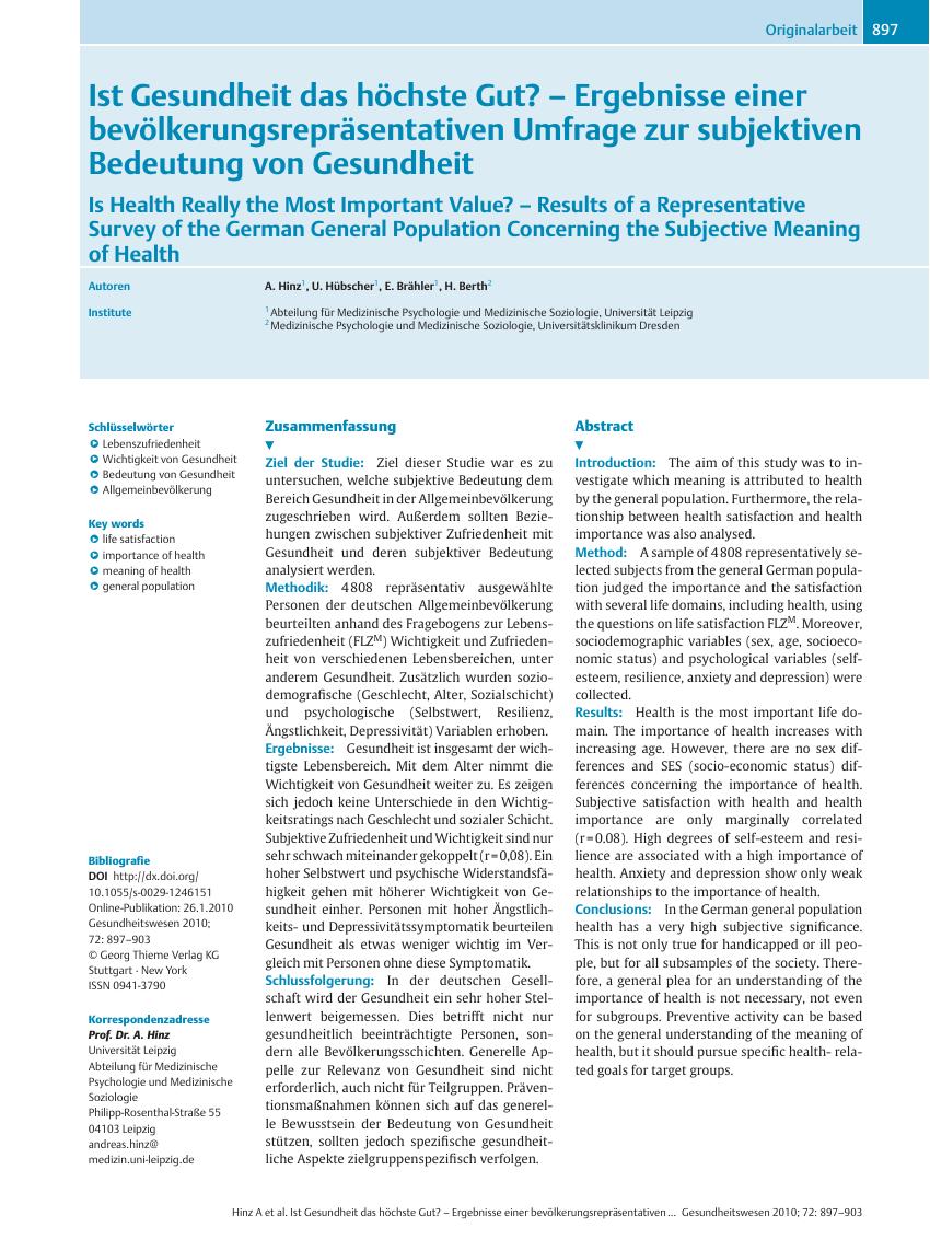 Vorschauseite 1: Ist Gesundheit das höchste Gut? – Ergebnisse einer bevölkerungsrepräsentativen Umfrage zur subjektiven Bedeutung von Gesundheit
