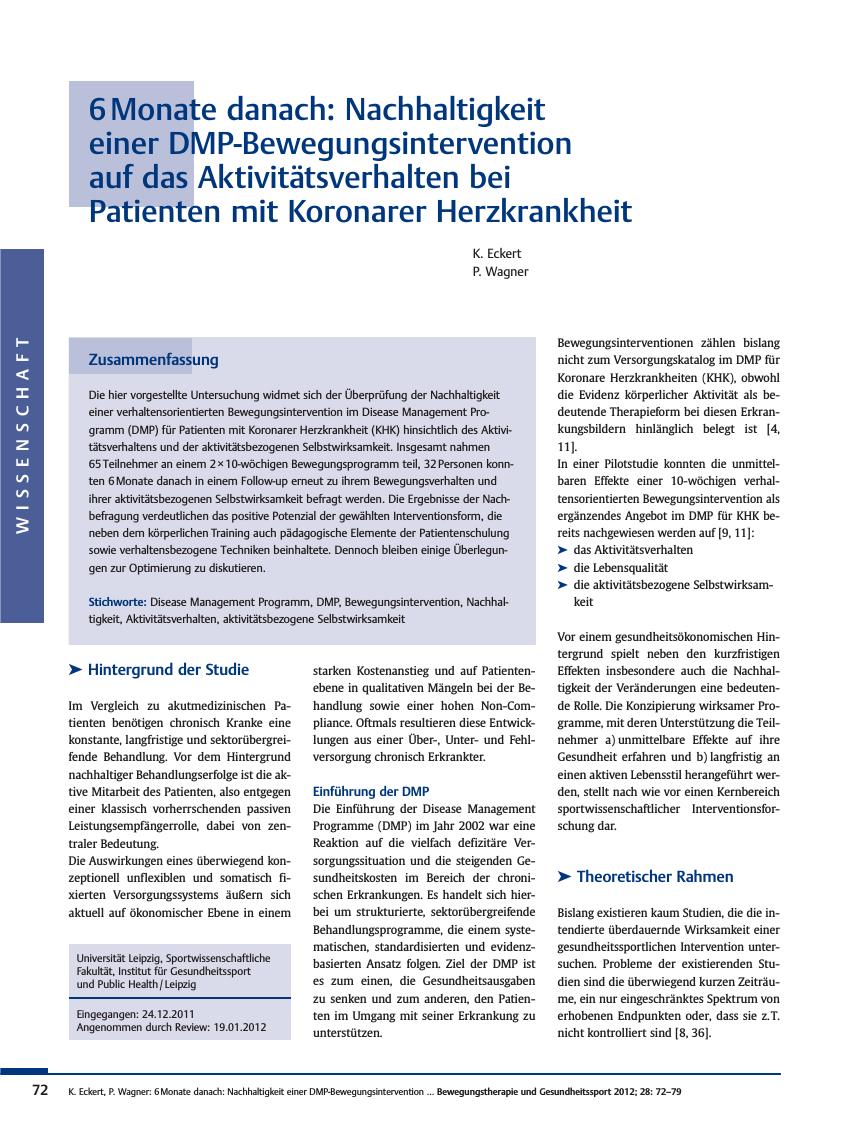 Vorschauseite 1: 6 Monate danach: Nachhaltigkeit einer DMP-Bewegungsintervention auf das Aktivitätsverhalten bei Patienten mit Koronarer Herzkrankheit