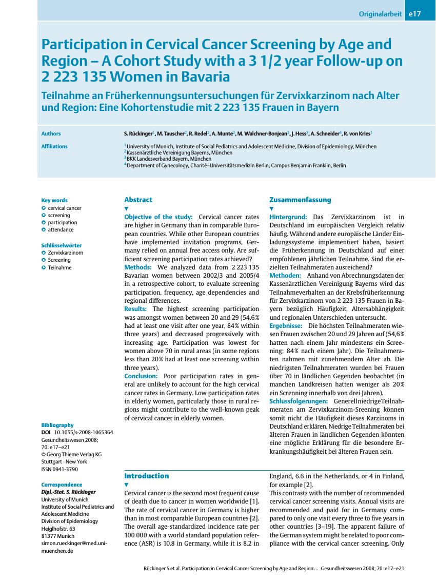 Vorschauseite 1: Participation in Cervical Cancer Screening by Age and Region – A Cohort Study with a 3 1/2 year Follow-up on 2 223 135 Women in Bavaria