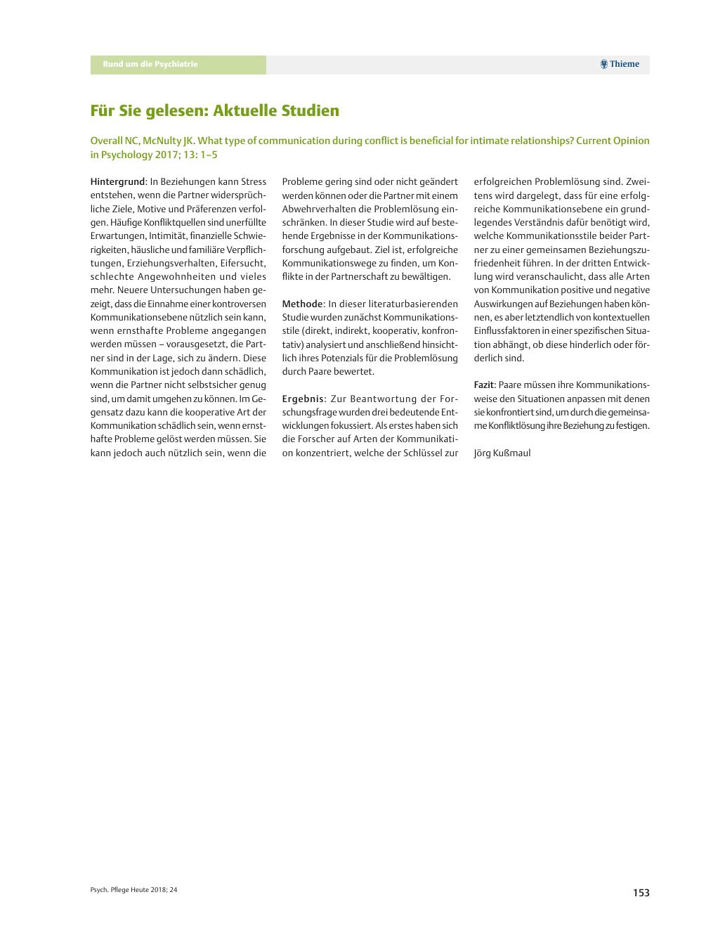 Vorschauseite 1: Für Sie gelesen: Overall NC, McNulty JK. What type of communication during conflict is beneficial for intimate relationships? Current Opinion in Psychology 2017; 13: 1?5