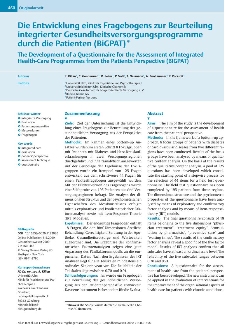 Vorschauseite 1: Die Entwicklung eines Fragebogens zur Beurteilung integrierter Gesundheitsversorgungsprogramme durch die Patienten (BiGPAT)