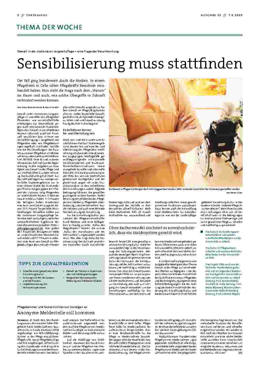 Vorschauseite 1: Gewalt in der stationären Langzeitpflege – eine Frage der Verantwortung. Sensibilisierung muss stattfinden.
