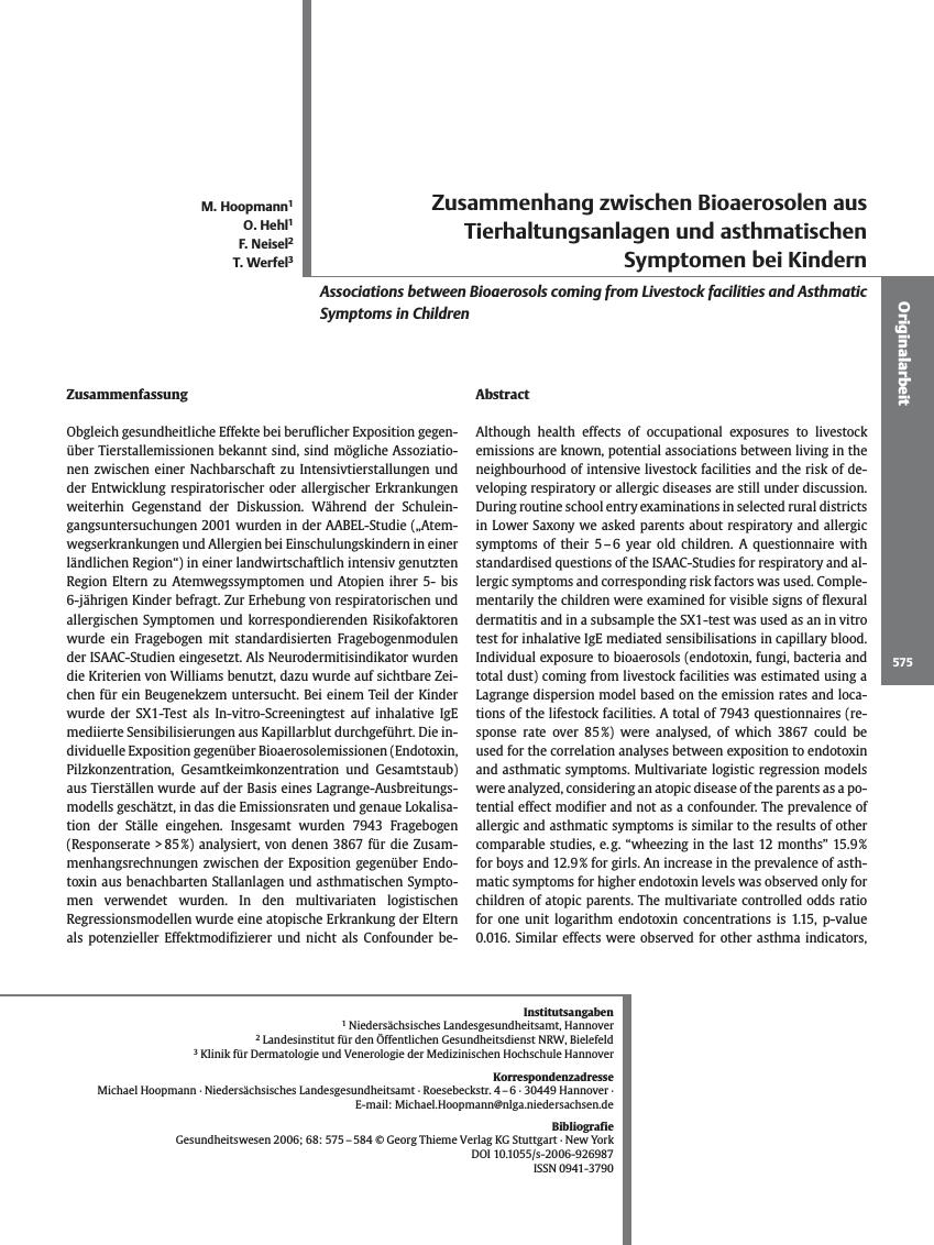 Vorschauseite 1: Zusammenhang zwischen Bioaerosolen aus Tierhaltungsanlagen und asthmatischen Symptomen bei Kindern