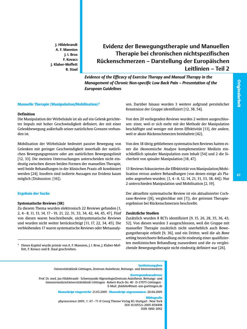 Vorschauseite 1: Evidenz der Bewegungstherapie und Manuellen Therapie bei chronischen nichtspezifischen Rückenschmerzen - Darstellung der Europäischen Leitlinien - Teil 2