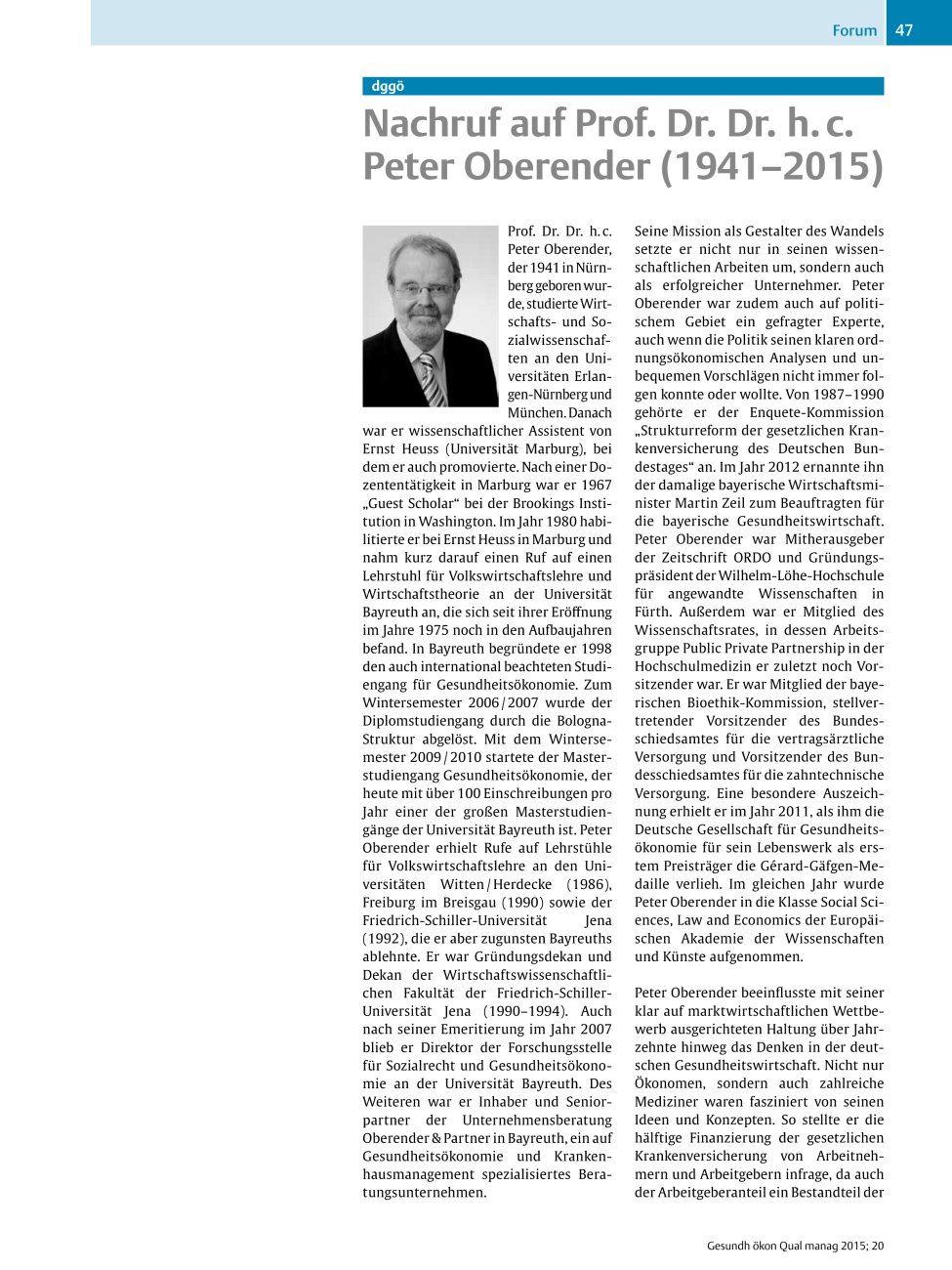 Vorschauseite 1: dggö – Nachruf auf Prof. Dr. Dr. h. c. Peter Oberender (1941 – 2015)