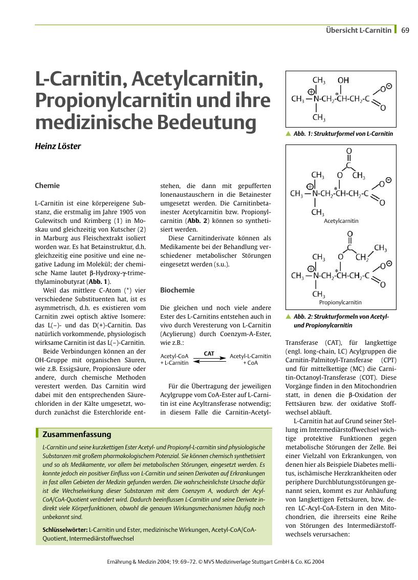 Vorschauseite 1: L-Carnitin, Acetylcarnitin, Propionylcarnitin und ihre medizinische Bedeutung