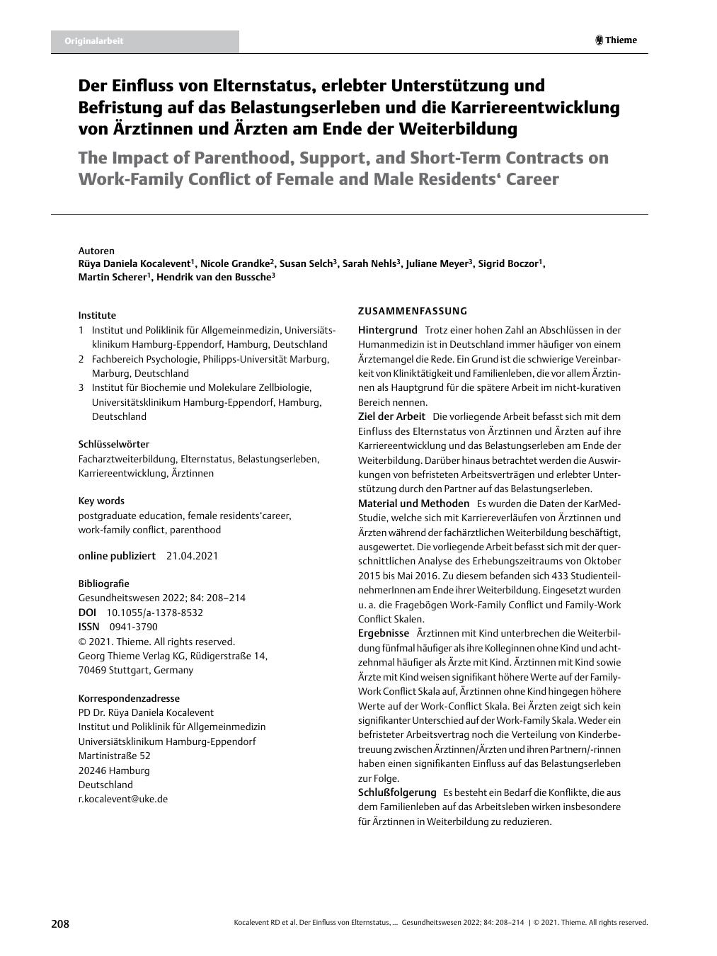 Vorschauseite 1: Der Einfluss von Elternstatus, erlebter Unterstützung und Befristung auf das Belastungserleben und die Karriereentwicklung von Ärztinnen und Ärzten am Ende der Weiterbildung