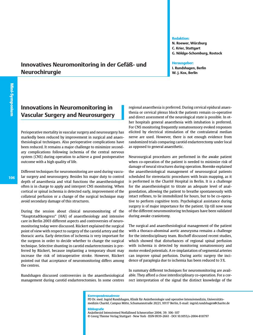 Vorschauseite 1: Innovations in Neuromonitoring in Vascular Surgery and Neurosurgery
