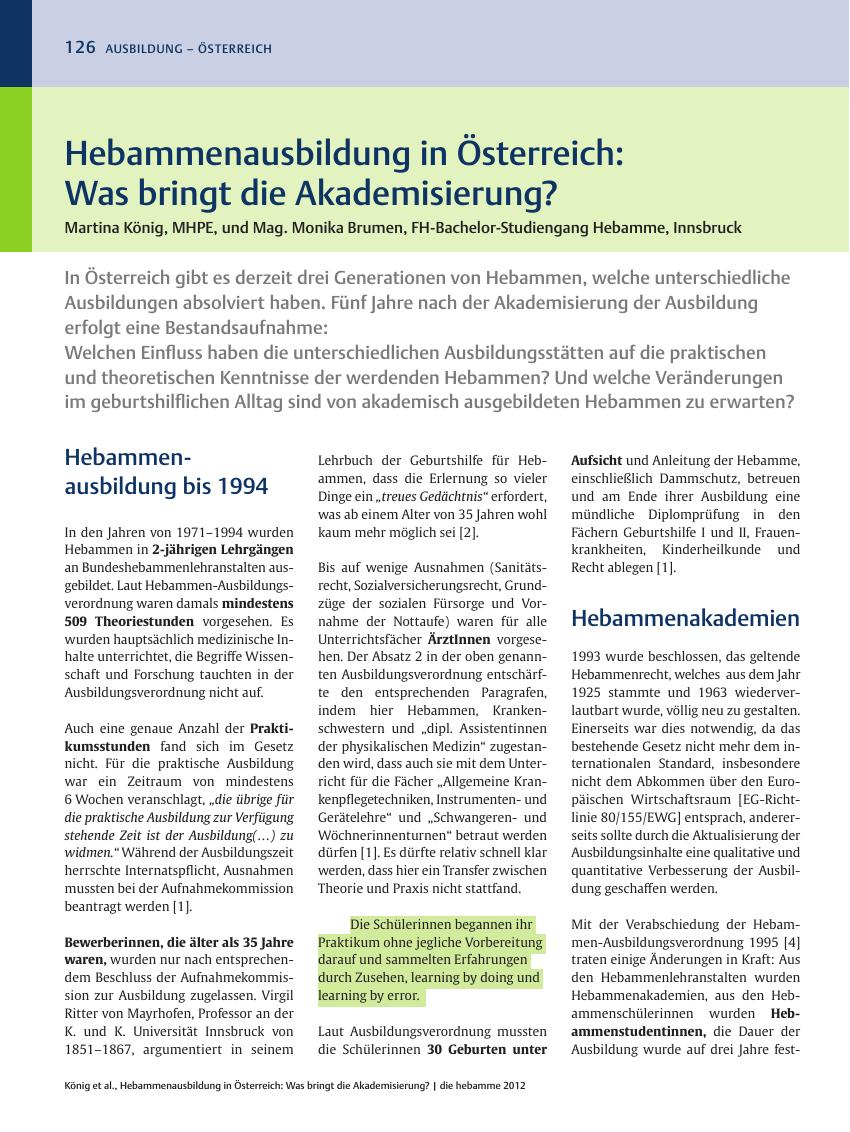 Vorschauseite 1: Hebammenausbildung in Österreich: Was bringt die Akademisierung?