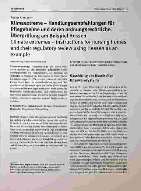 Vorschauseite 1: Klimaextreme - Handlungsempfehlungen für Pflegeheime und deren ordnungsrechtliche Überprüfung am Beispiel Hessen