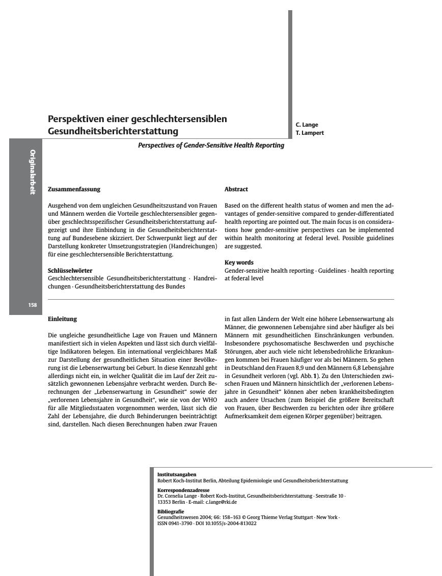 Vorschauseite 1: Perspektiven einer geschlechtersensiblen Gesundheitsberichterstattung