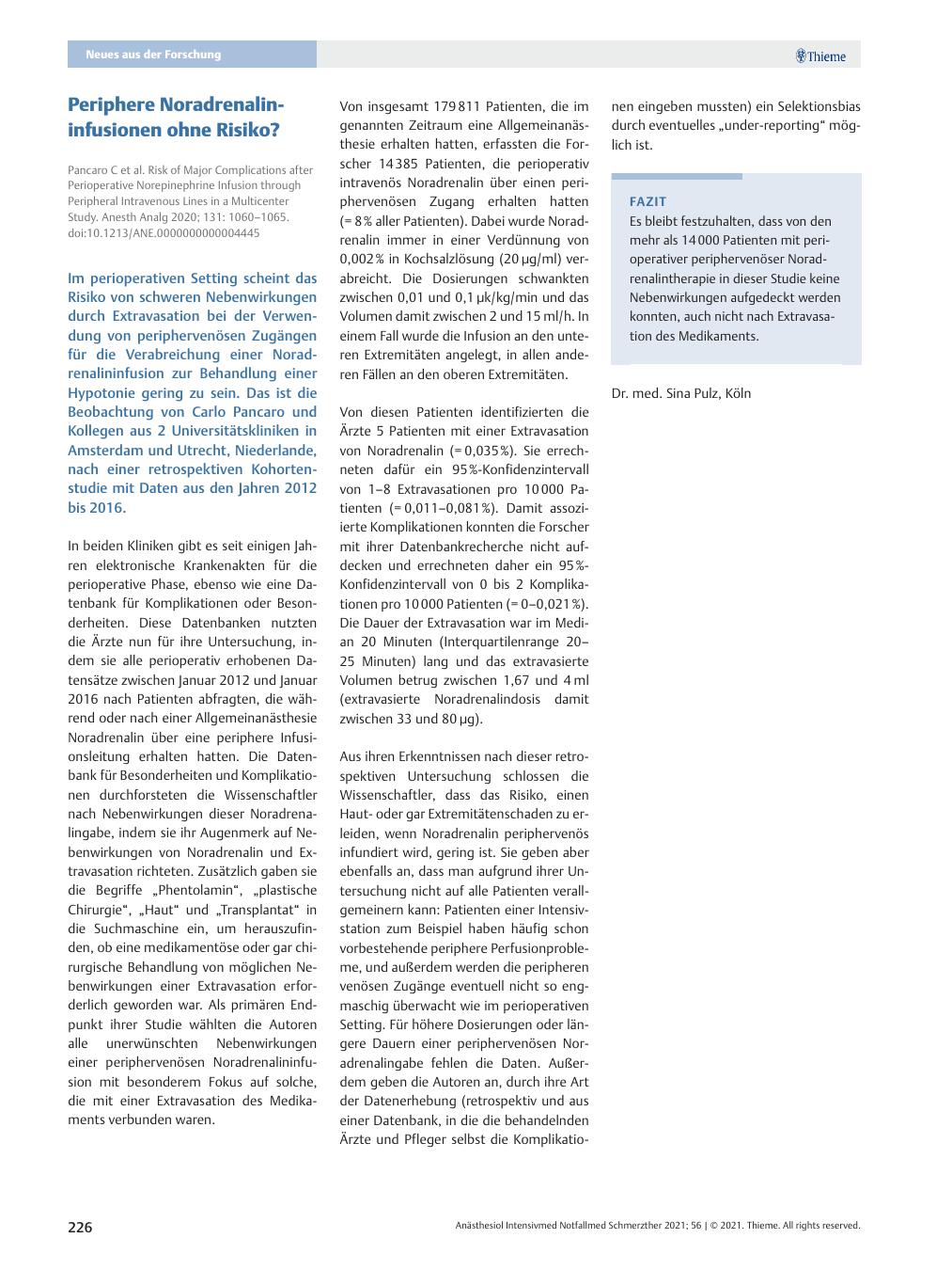 Vorschauseite 1: Periphere Noradrenalininfusionen ohne Risiko?