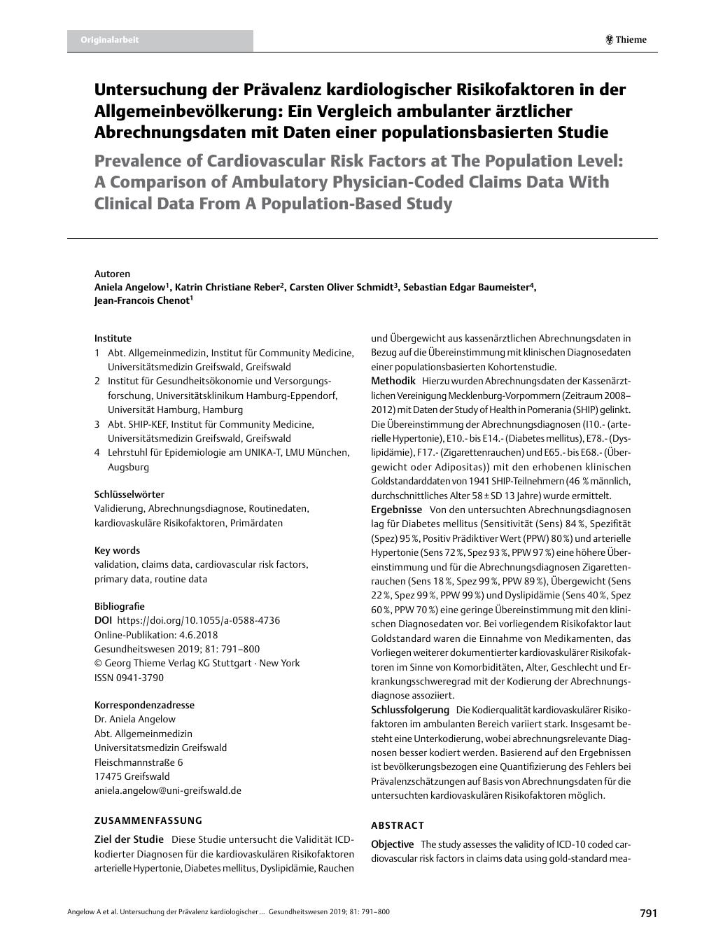 Vorschauseite 1: Untersuchung der Prävalenz kardiologischer Risikofaktoren in der Allgemeinbevölkerung: Ein Vergleich ambulanter ärztlicher Abrechnungsdaten mit Daten einer populationsbasierten St…