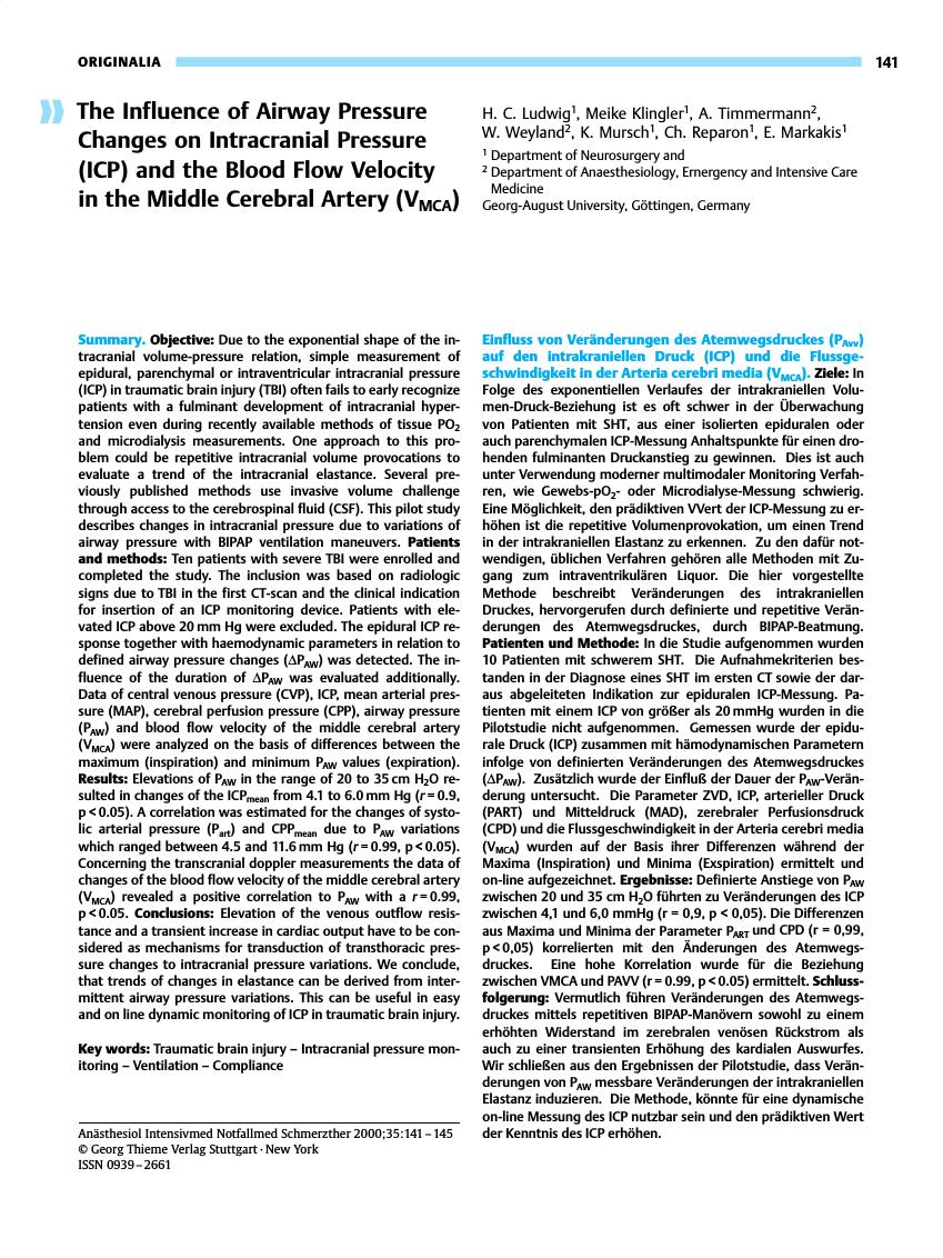 Vorschauseite 1: The Influence of Airway Pressure Changes on Intracranial Pressure (ICP) and the Blood Flow Velocity in the Middle Cerebral Artery (VMCA)