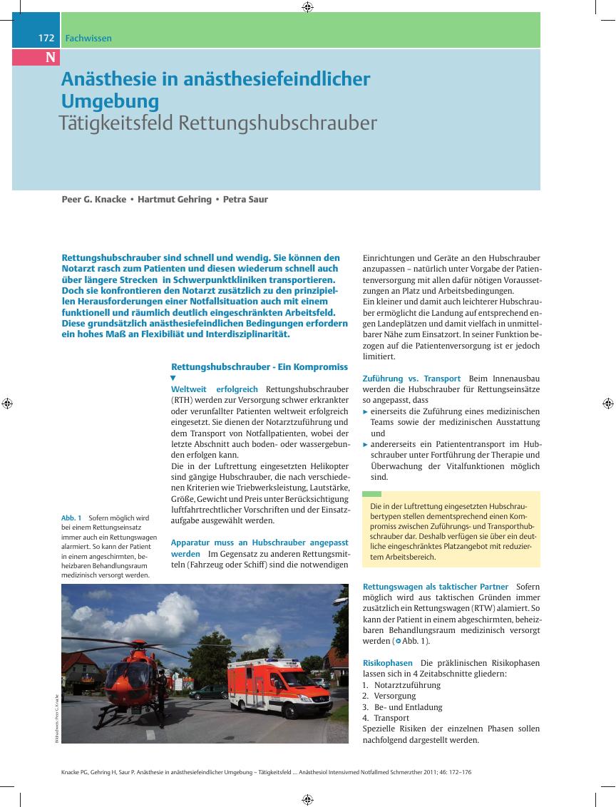 Vorschauseite 1: Anästhesie in anästhesiefeindlicher Umgebung – Tätigkeitsfeld Rettungshubschrauber