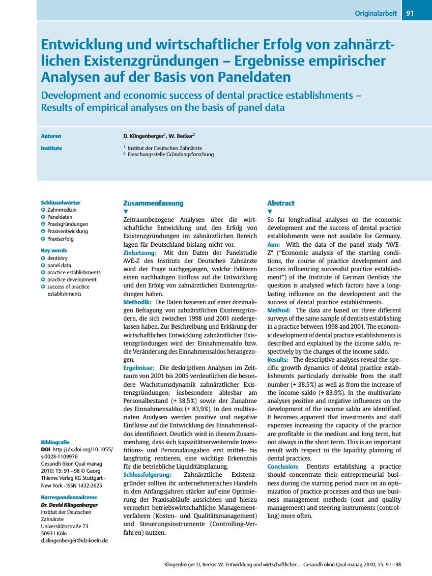 Vorschauseite 1: Entwicklung und wirtschaftlicher Erfolg von zahnärztlichen Existenzgründungen – Ergebnisse empirischer Analysen auf der Basis von Paneldaten