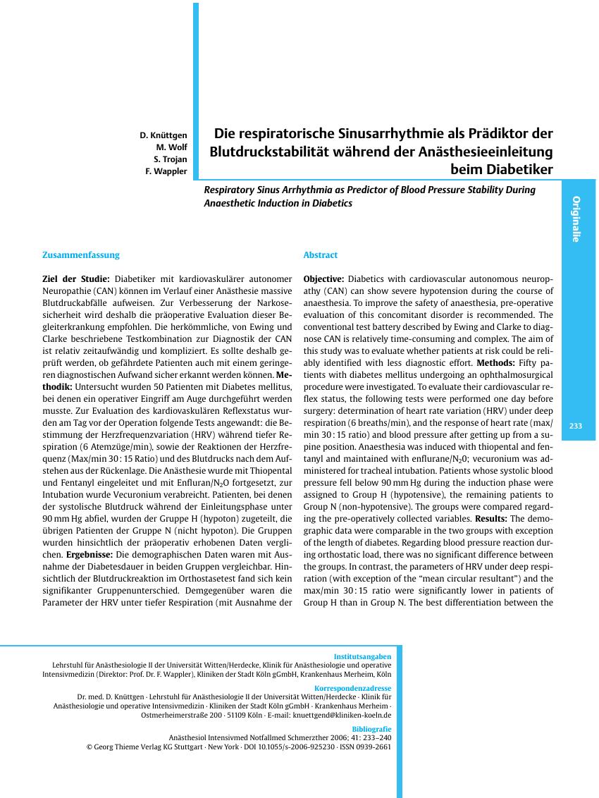 Vorschauseite 1: Die respiratorische Sinusarrhythmie als Prädiktor der Blutdruckstabilität während der Anästhesieeinleitung beim Diabetiker
