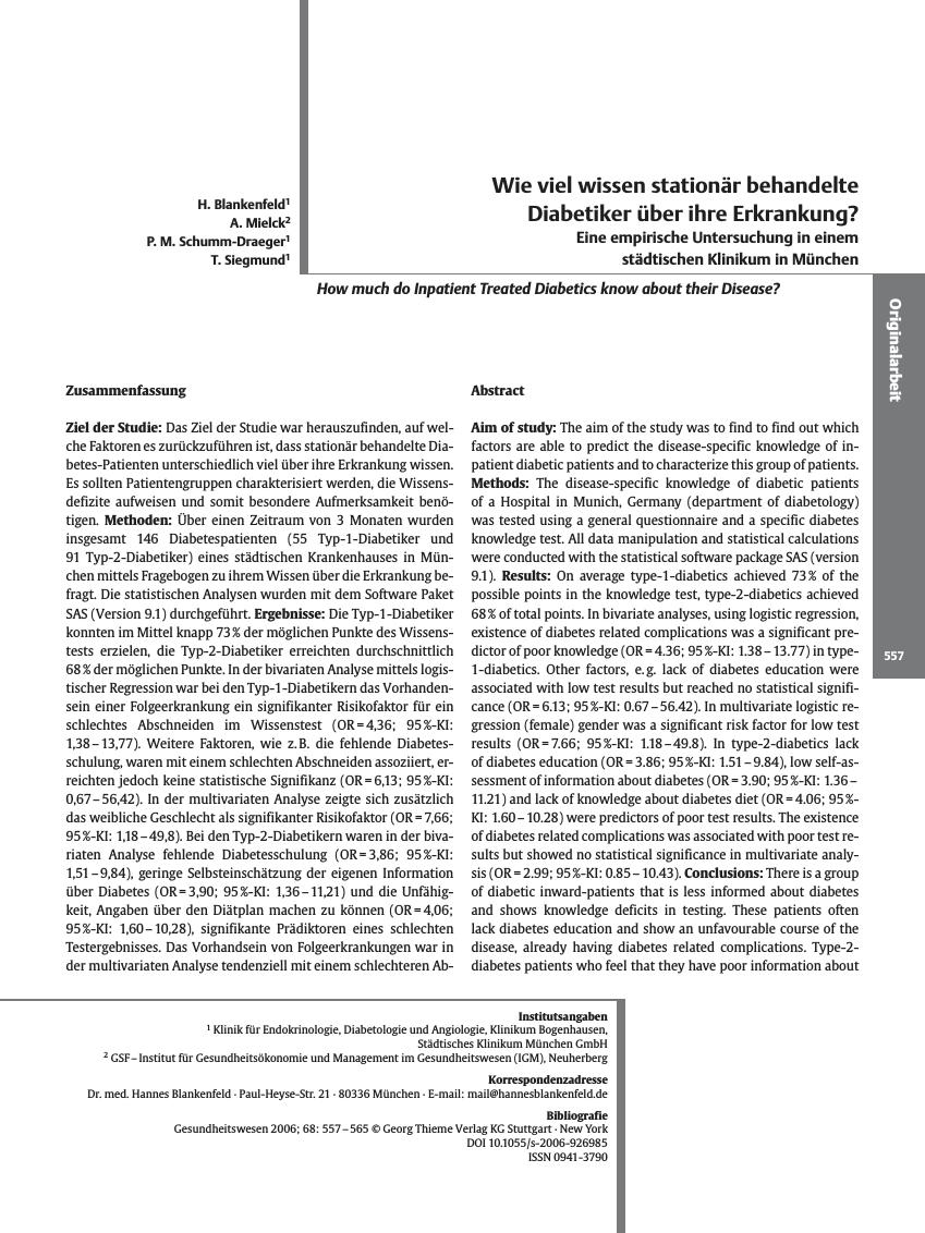 Vorschauseite 1: Wie viel wissen stationär behandelte Diabetiker über ihre Erkrankung?