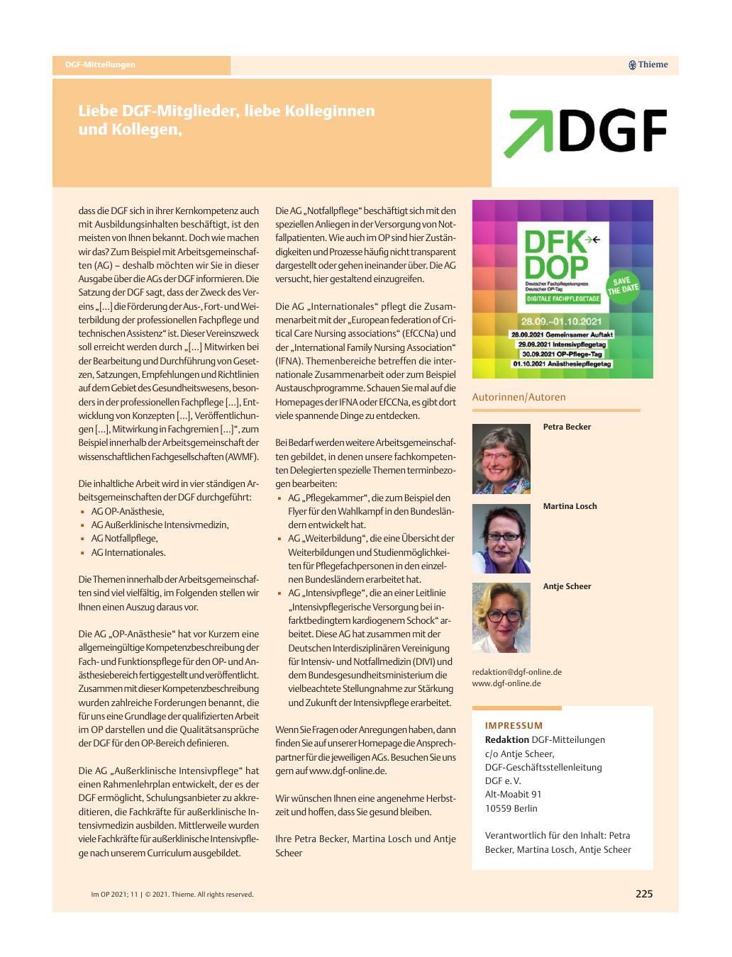 Vorschauseite 1: Liebe DGF-Mitglieder, liebe Kolleginnen und Kollegen,