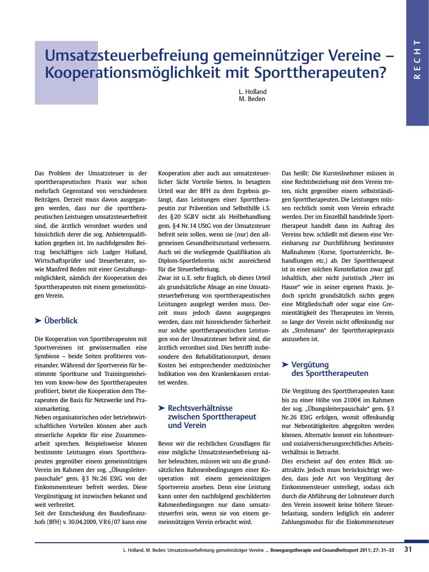 Vorschauseite 1: Umsatzsteuerbefreiung gemeinnütziger Vereine – Kooperationsmöglichkeit mit Sporttherapeuten?