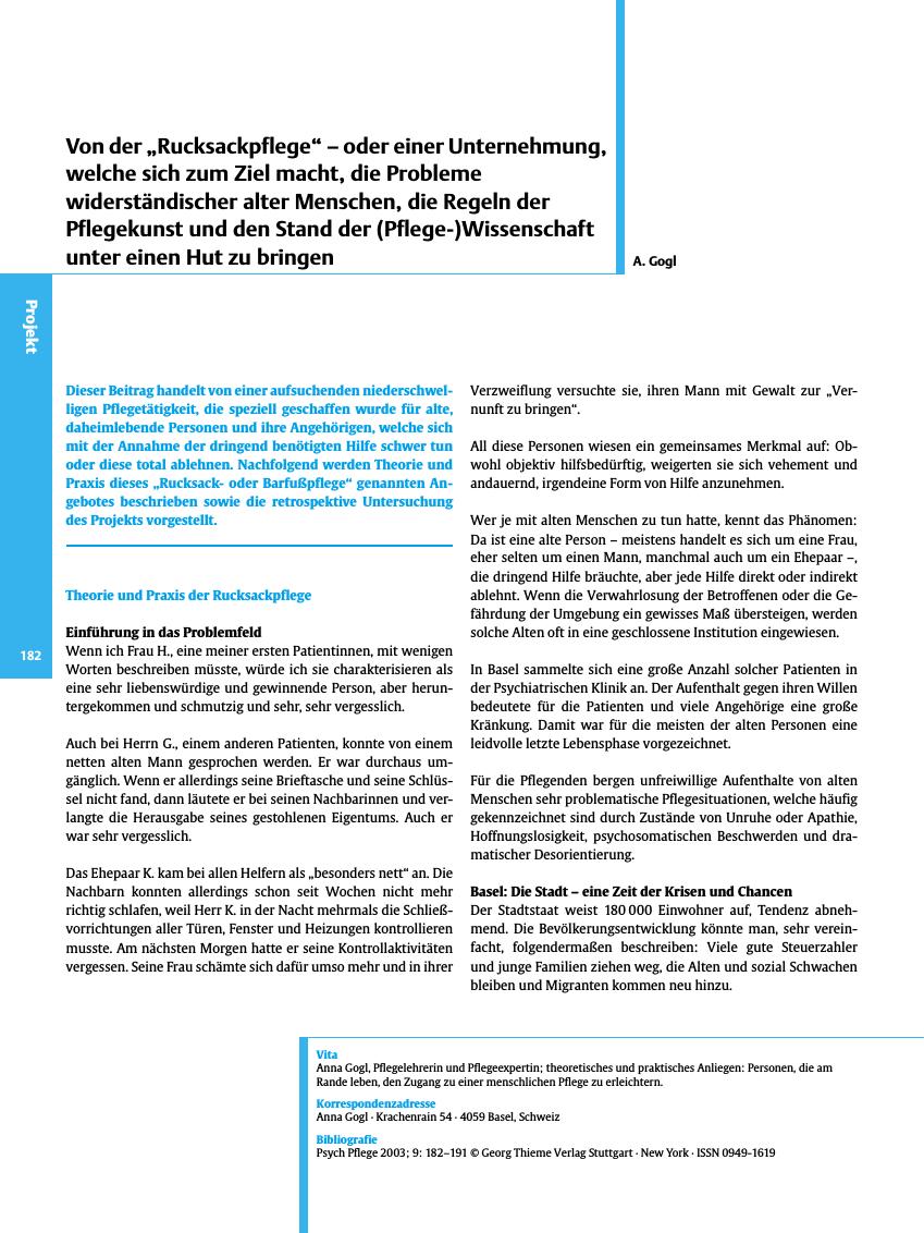 Vorschauseite 1: Von der? Rucksackpflege? - oder einer Unternehmung, welche sich zum Ziel macht, die Probleme widerständischer alter Menschen, die Regeln der Pflegekunst und den Stand der (Pflege-…