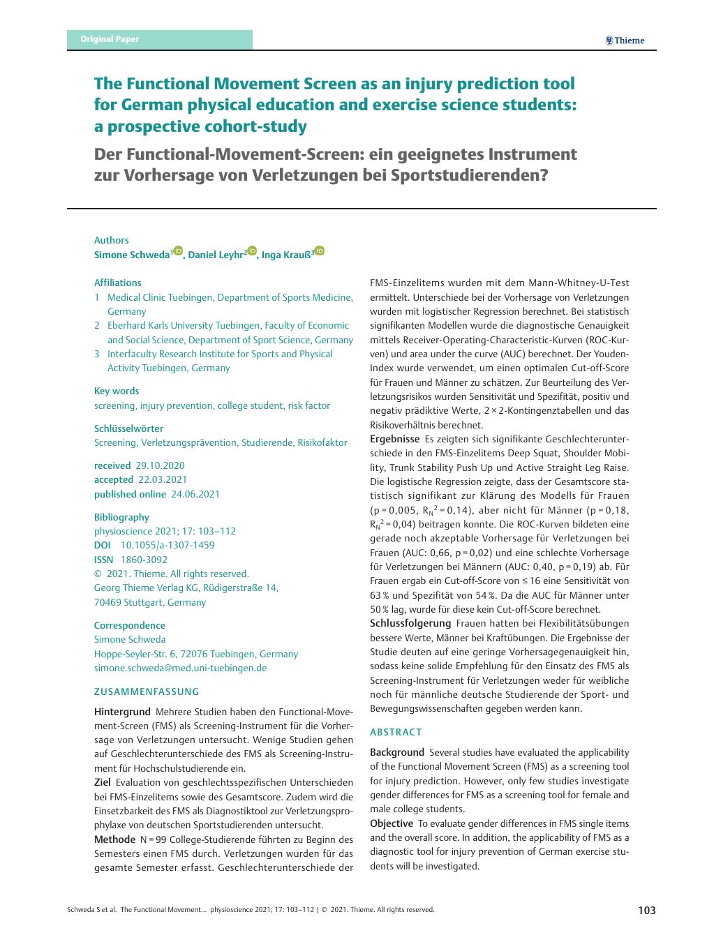 Vorschauseite 1: The Functional Movement Screen as an injury prediction tool for German physical education and exercise science students: a prospective cohort study
