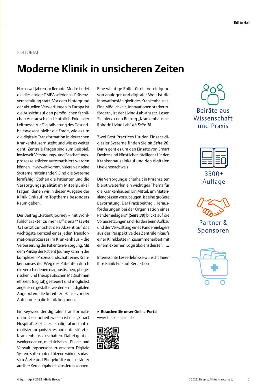 Vorschauseite 1: Editorial: Moderne Klinik in unsicheren Zeiten