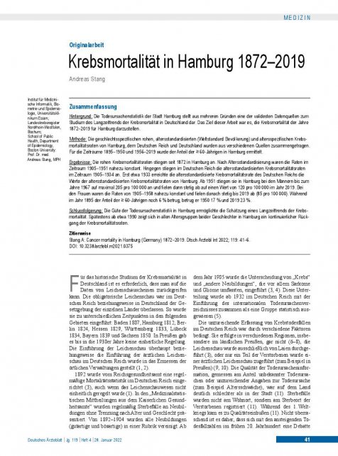 Vorschauseite 1: Krebsmortalität in Hamburg 1872 - 2019