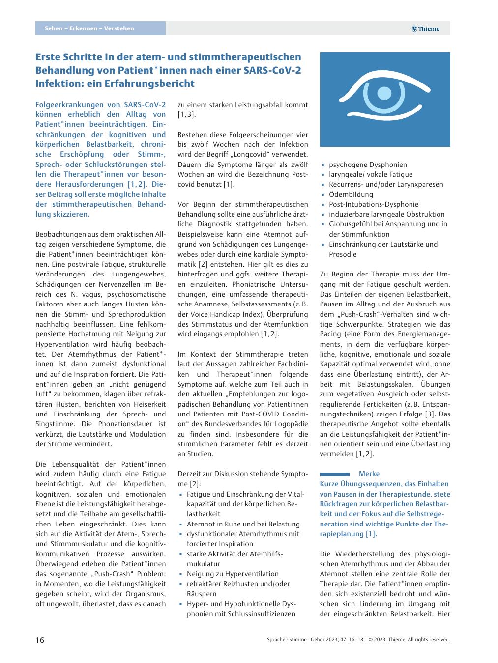 Vorschauseite 1: Erste Schritte in der atemund stimmtherapeutischen Behandlung von Patient*innen nach einer SARS-CoV-2 Infektion: ein Erfahrungsbericht